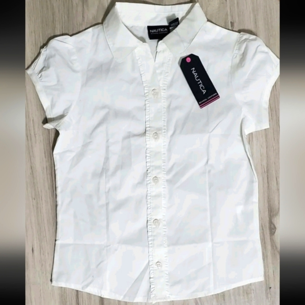 Nautica Girls School Uniform Button Down Ruffle Pleated White Shirt Large 6 Top
